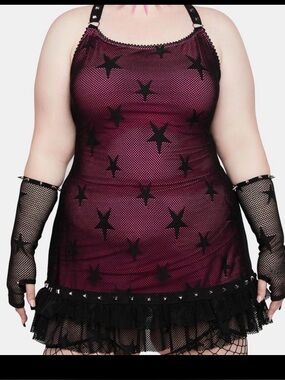 Pink lacey punk dress mini dress fishnetoverlay pleather straps studs stretchy